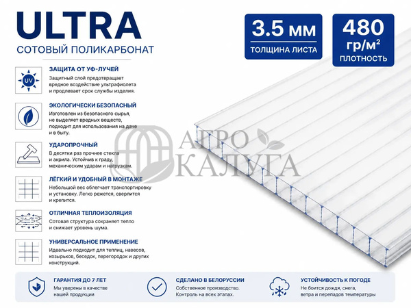 Сотовый поликарбонат прозрачный "TitanPlast Ultra" 3,5 мм (480 гр/м2)